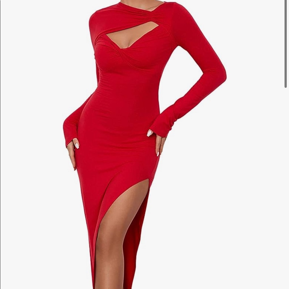 Red Cut Out Side Split Ruched Long Sleeve Dress